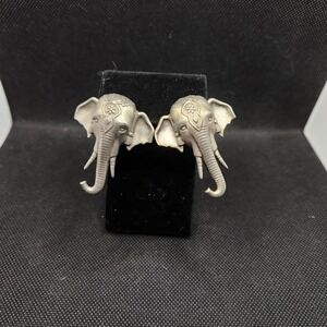 VTG JJ Jonette Ganesha Elephant Face Figural Matte Gold Tone 2" Chunky Earrings